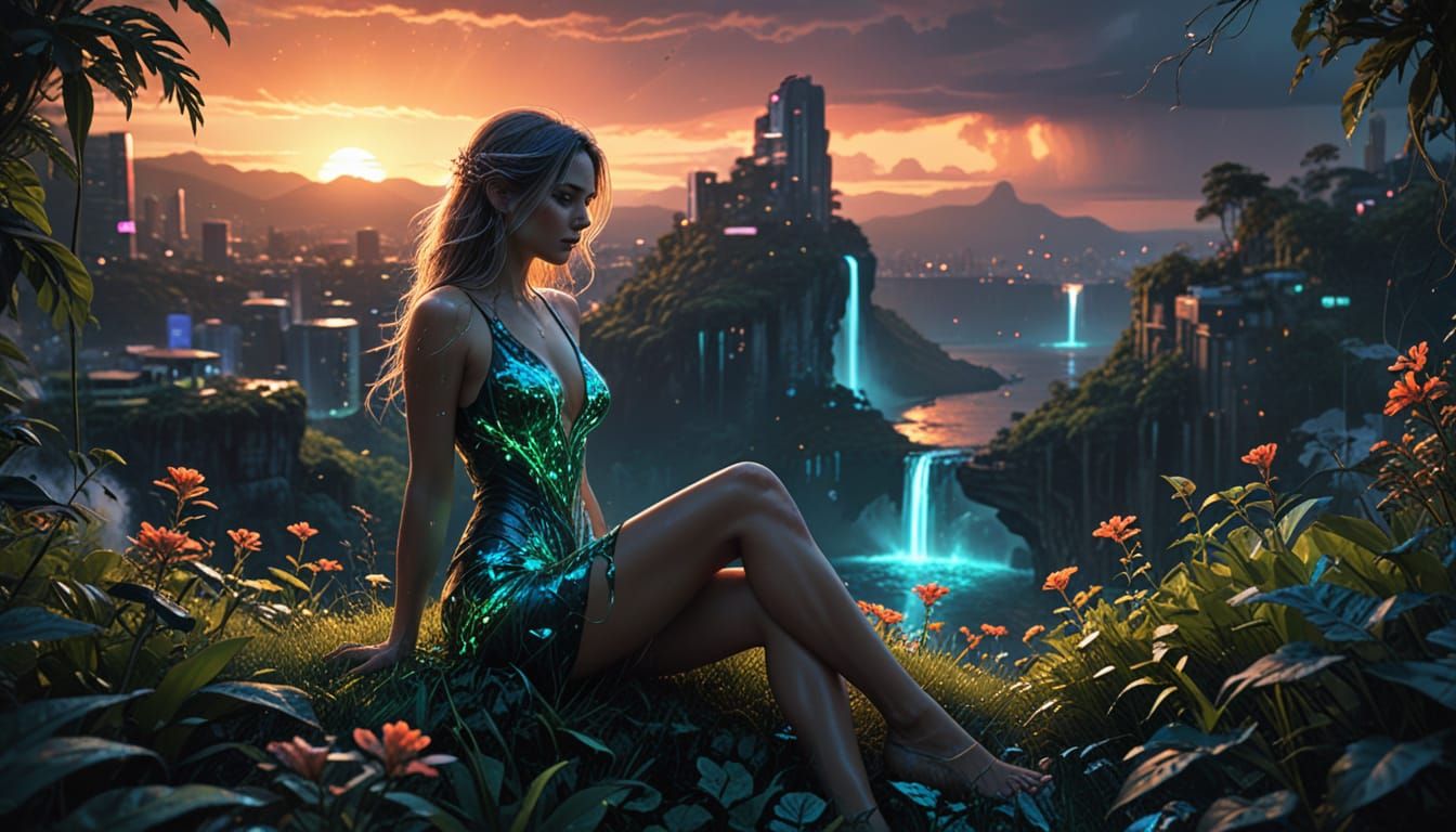 Woman Gazing at Bioluminescent Cityscape, Digital Painting