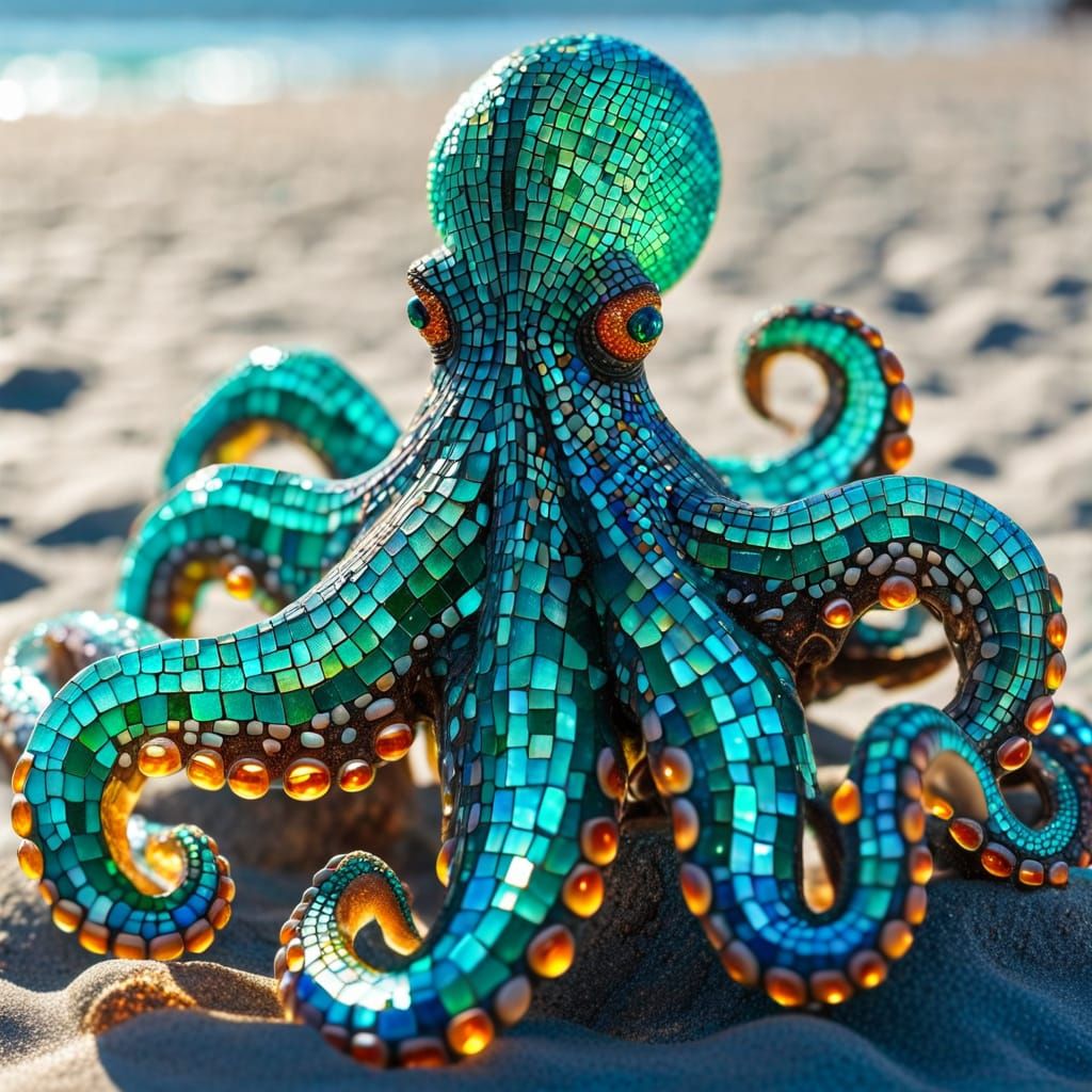 Mosaic Glass Octopus Statue on Beach in Magical Light