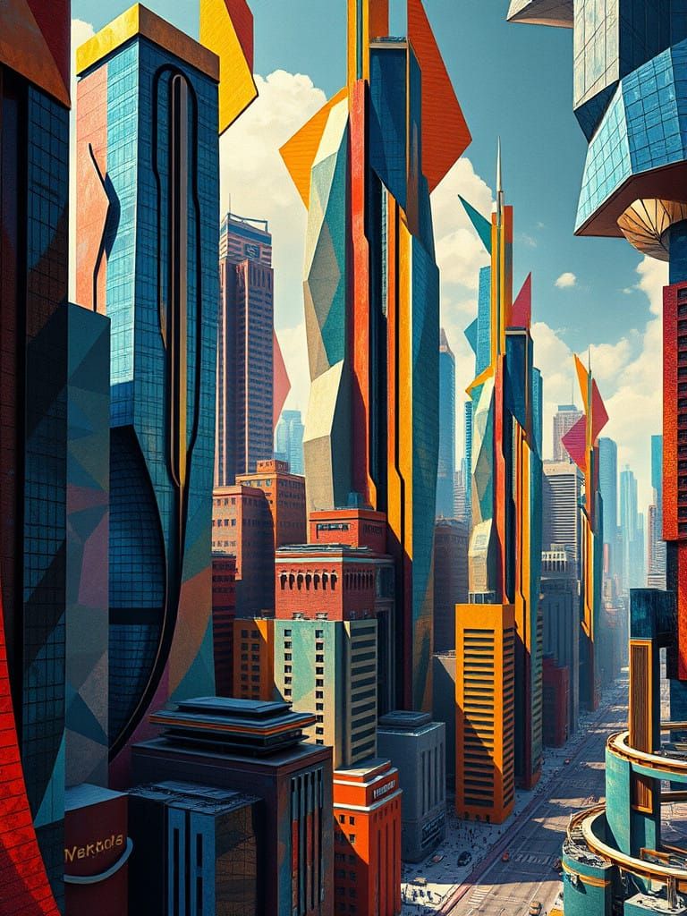 Geometric Futurism in Art Deco Cityscape