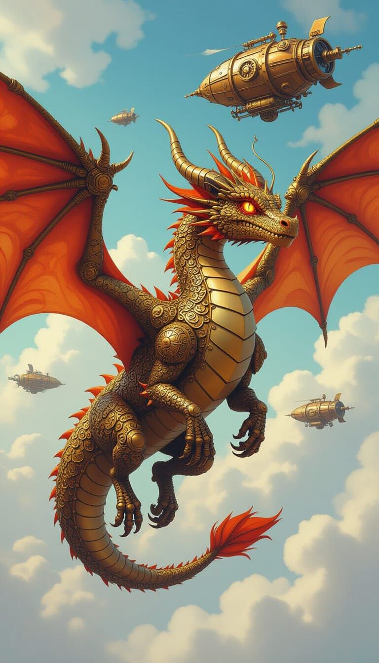 Steampunk Dragon Soaring Through Clockwork Skies