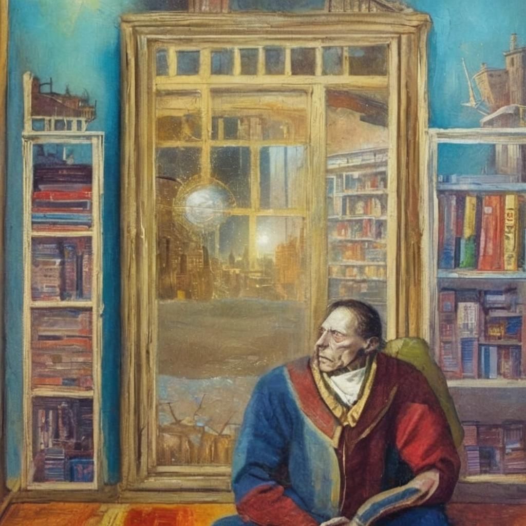 Alien Contemplates Cityscape in Surrealist Style