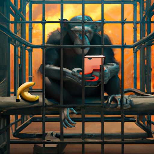 Sad Chimpanzee with iPhone: Detailed Matte Painting