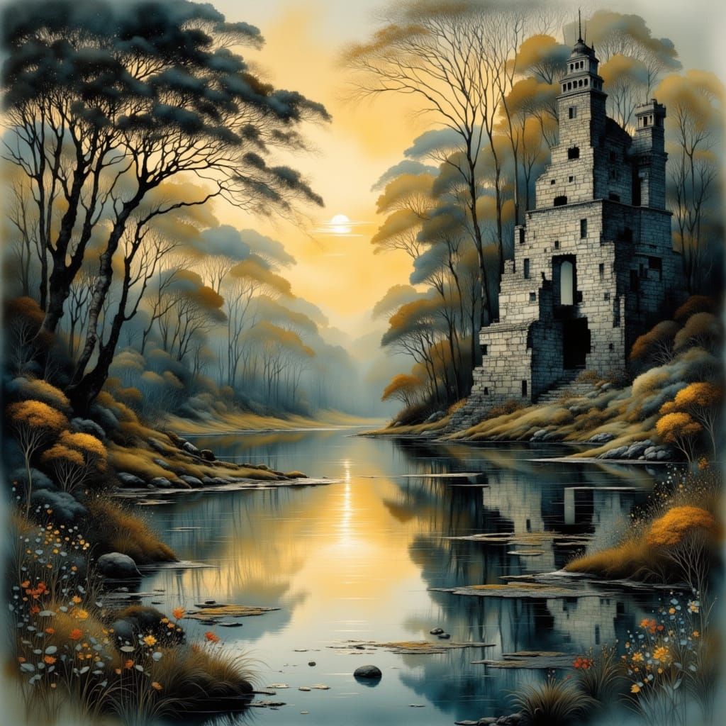 Mysterious Ruined City Reflected in Jungle Lake at Sunset
