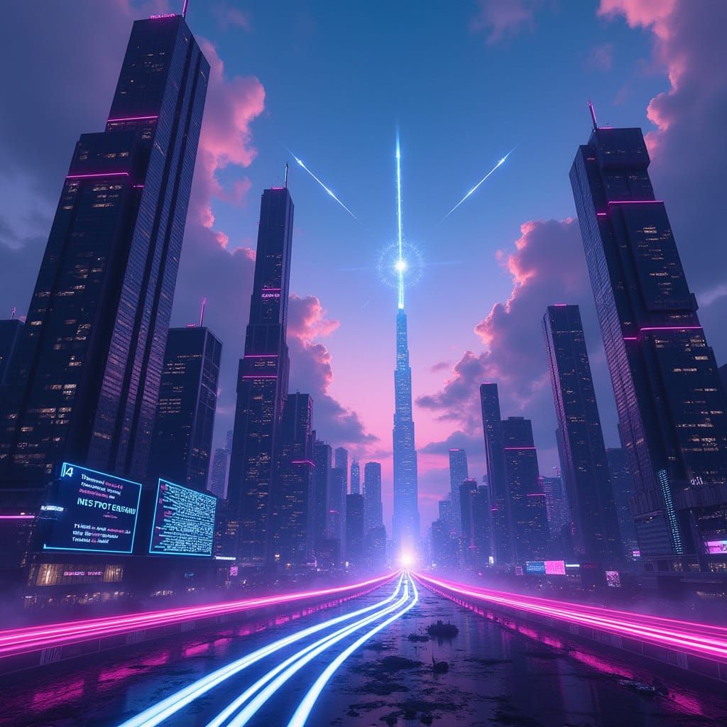Cyberpunk Cityscape with Neon Lights and Digital Streams