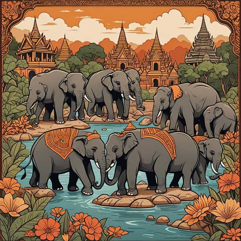 Thailand Culture Cartoon Poster with Elephants