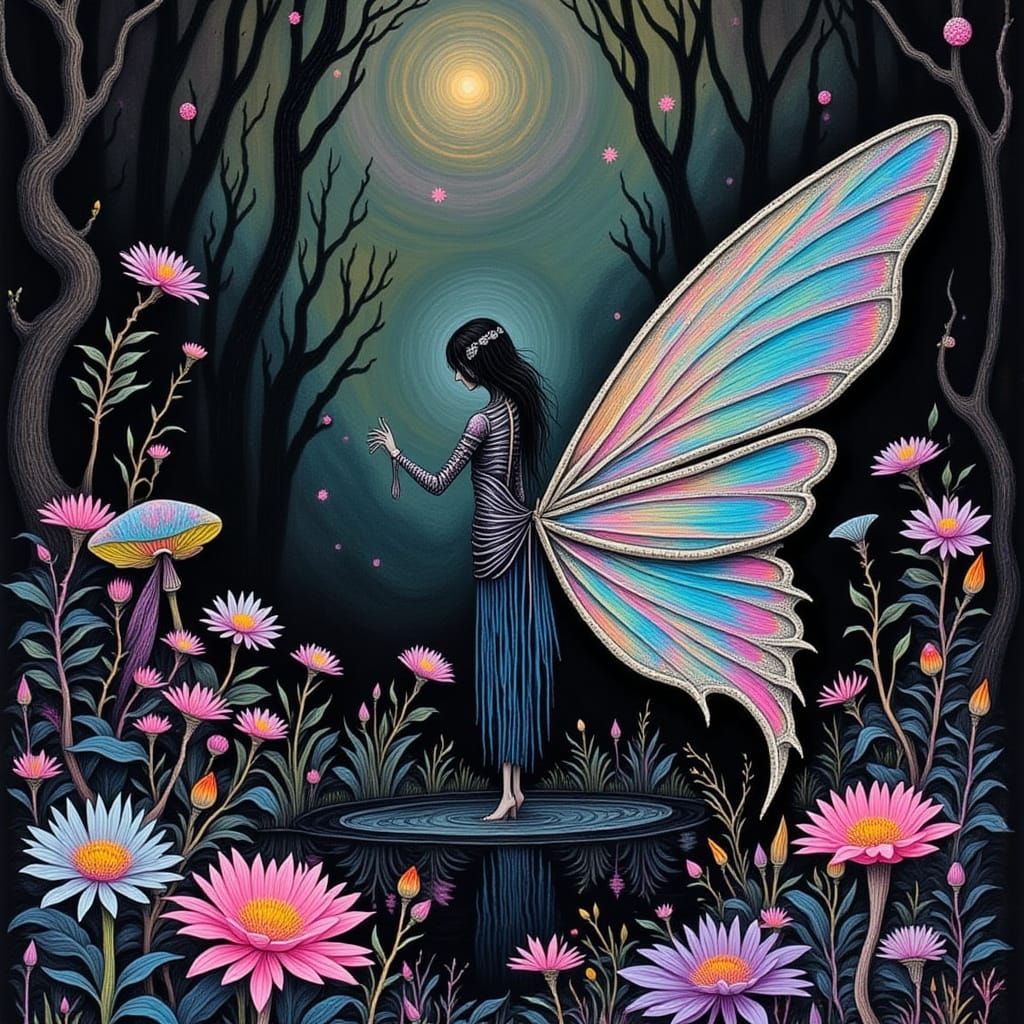 Whimsical Butterfly Car in Magical Mushroom Garden