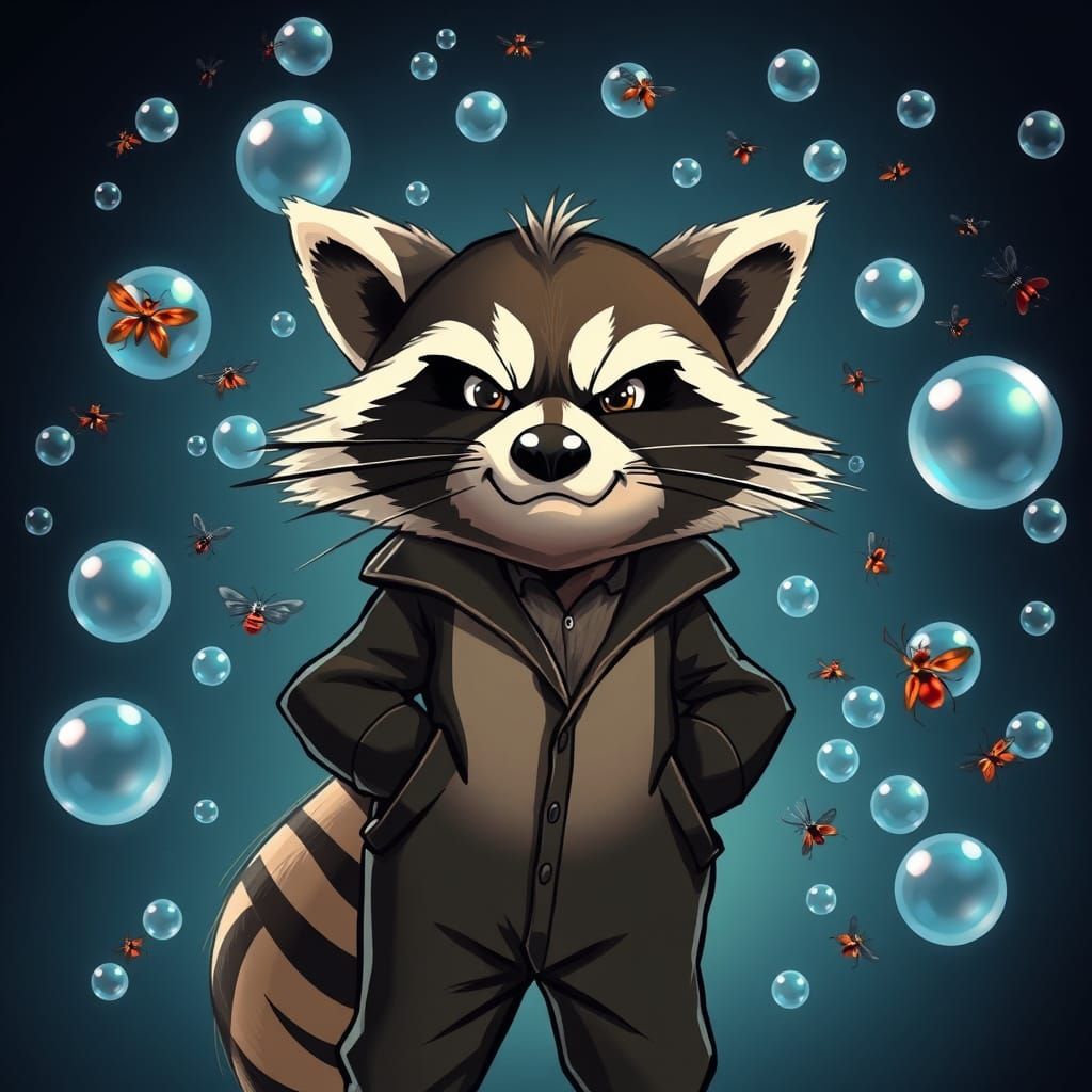 Exaggerated Cartoon Raccoon in Whimsical Wonderland