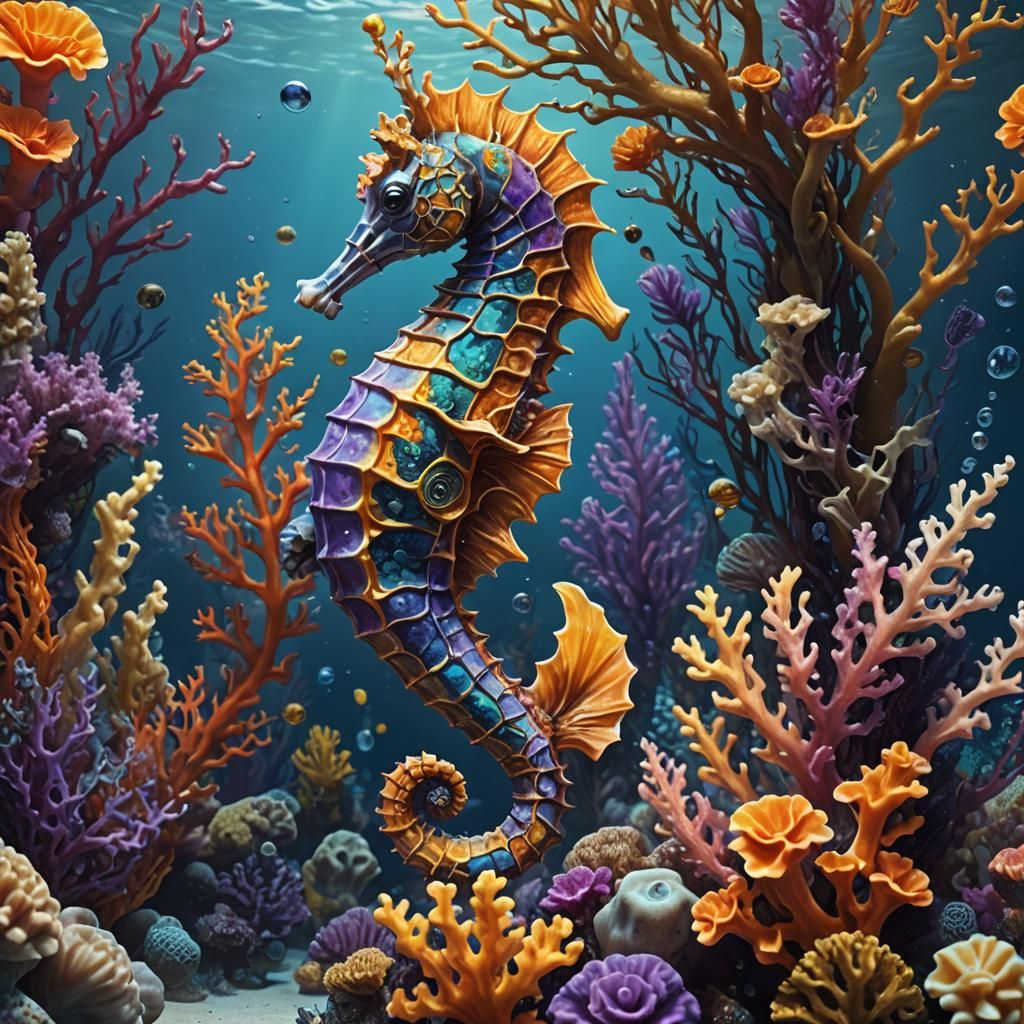 Photorealistic Seahorse in Vibrant Coral Reef