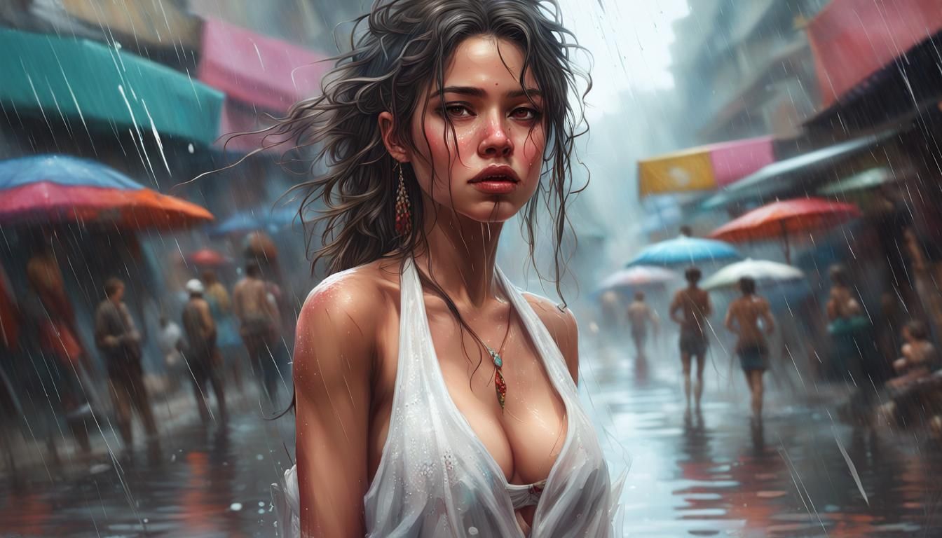 Lovely Mexican Girl in Rain, Hyperdetailed Digital Painting