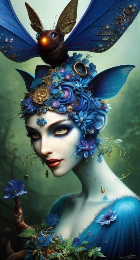 Blue Mushroom Pixie Jester Portrait in Fantasycore Style
