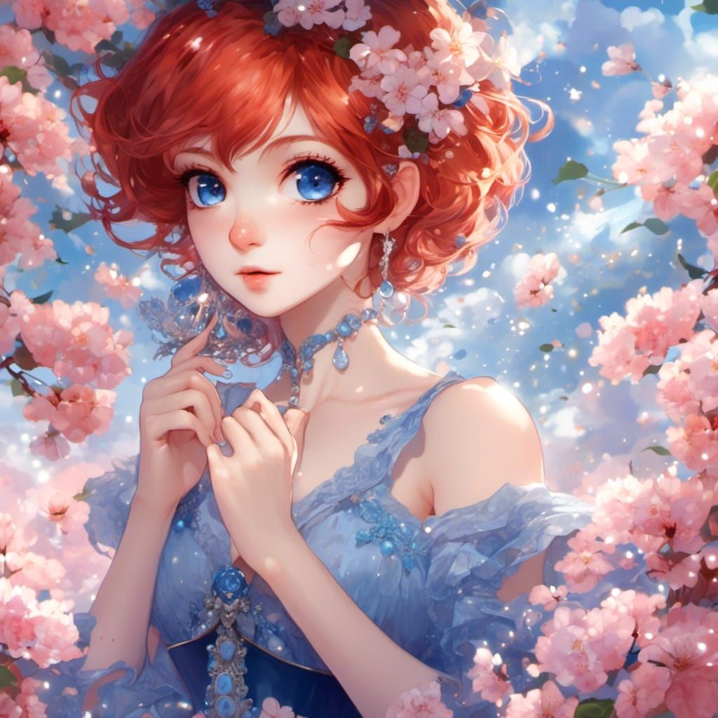 Redhead Woman in Blue Dress: Anime Key Visual