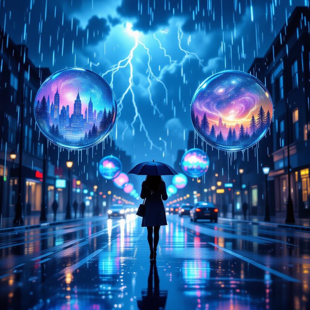 Woman in Rainstorm with Miniature Worlds, Hyperrealistic Sty...