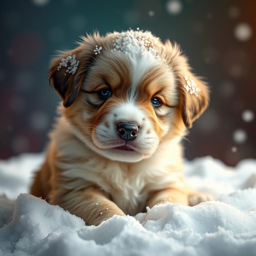 Snowy Puppy Purrs: Hyperrealistic Splash Art