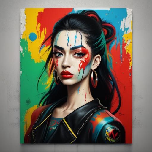 Graffiti Art: Woman with Black Hair in Pop Art Style