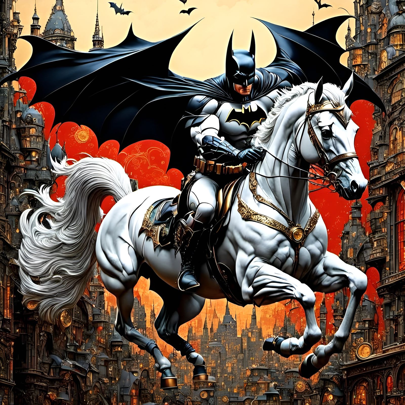 BATMAN riding a flying White Horse