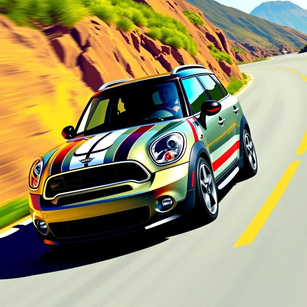 Vibrant Mountain Roadster in Retro-Futuristic Style