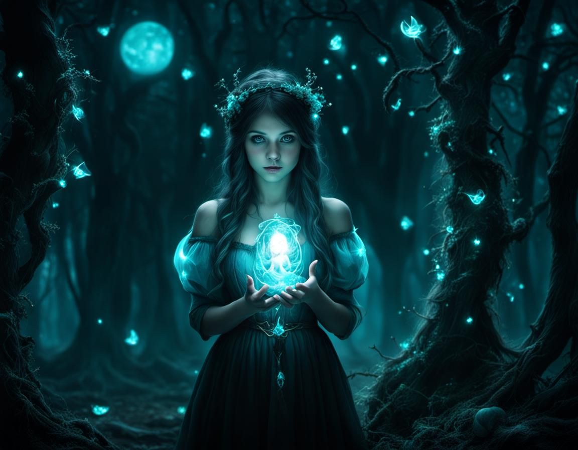Bioluminescent Girl in Dark Twisted Fairytale