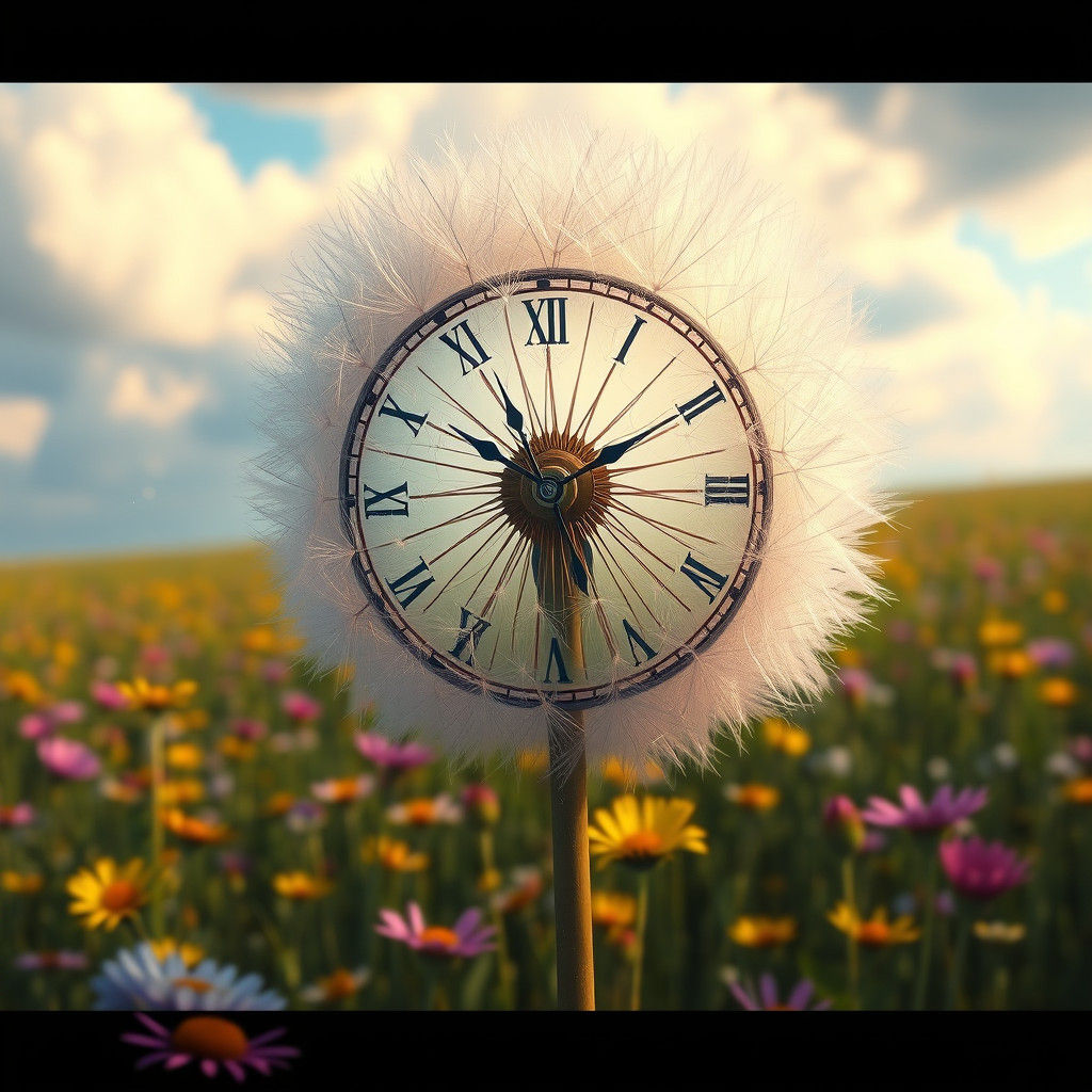 Dandelion Clock Floating Over Wildflower Field