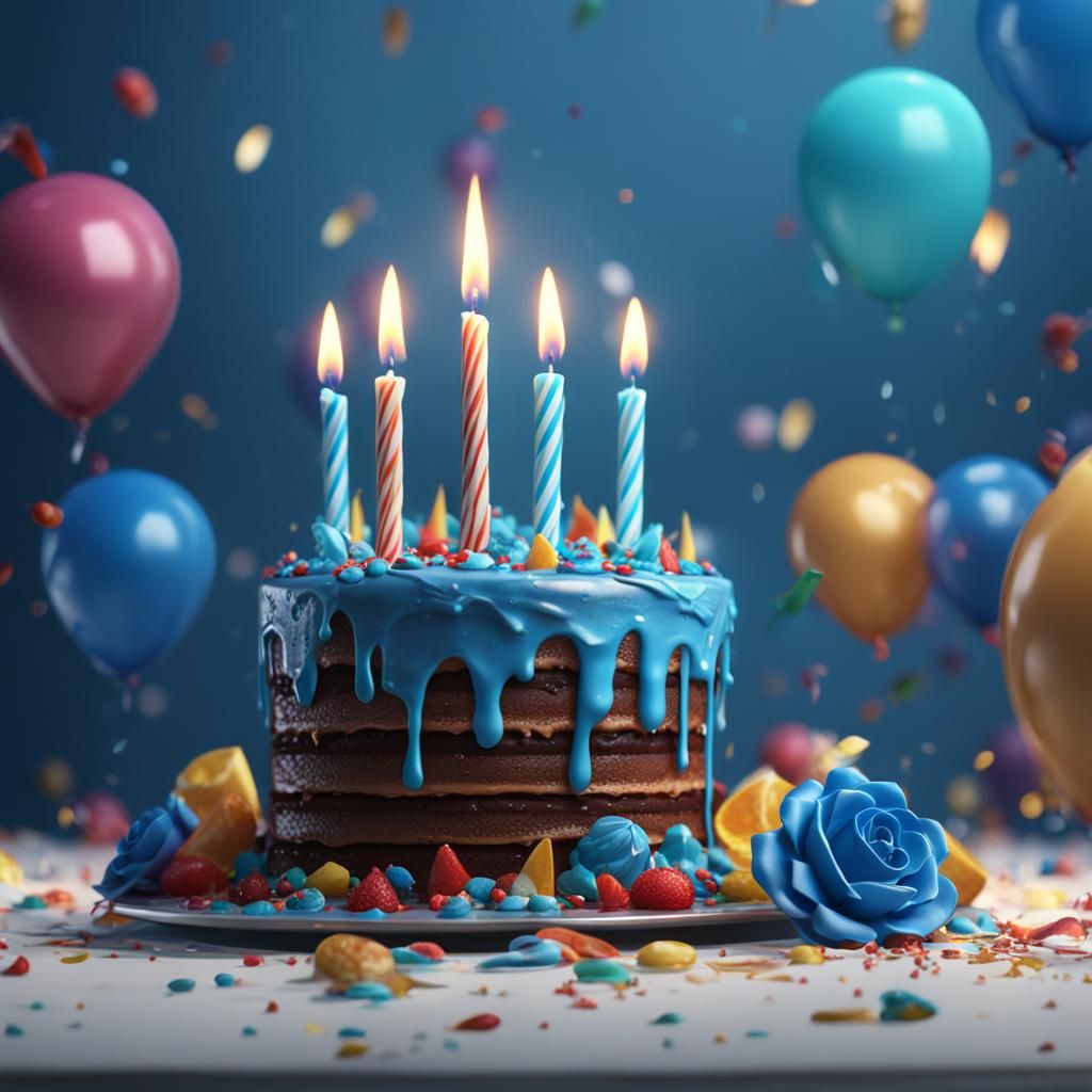 Blue Frosted Cake with Candle, Digital Art