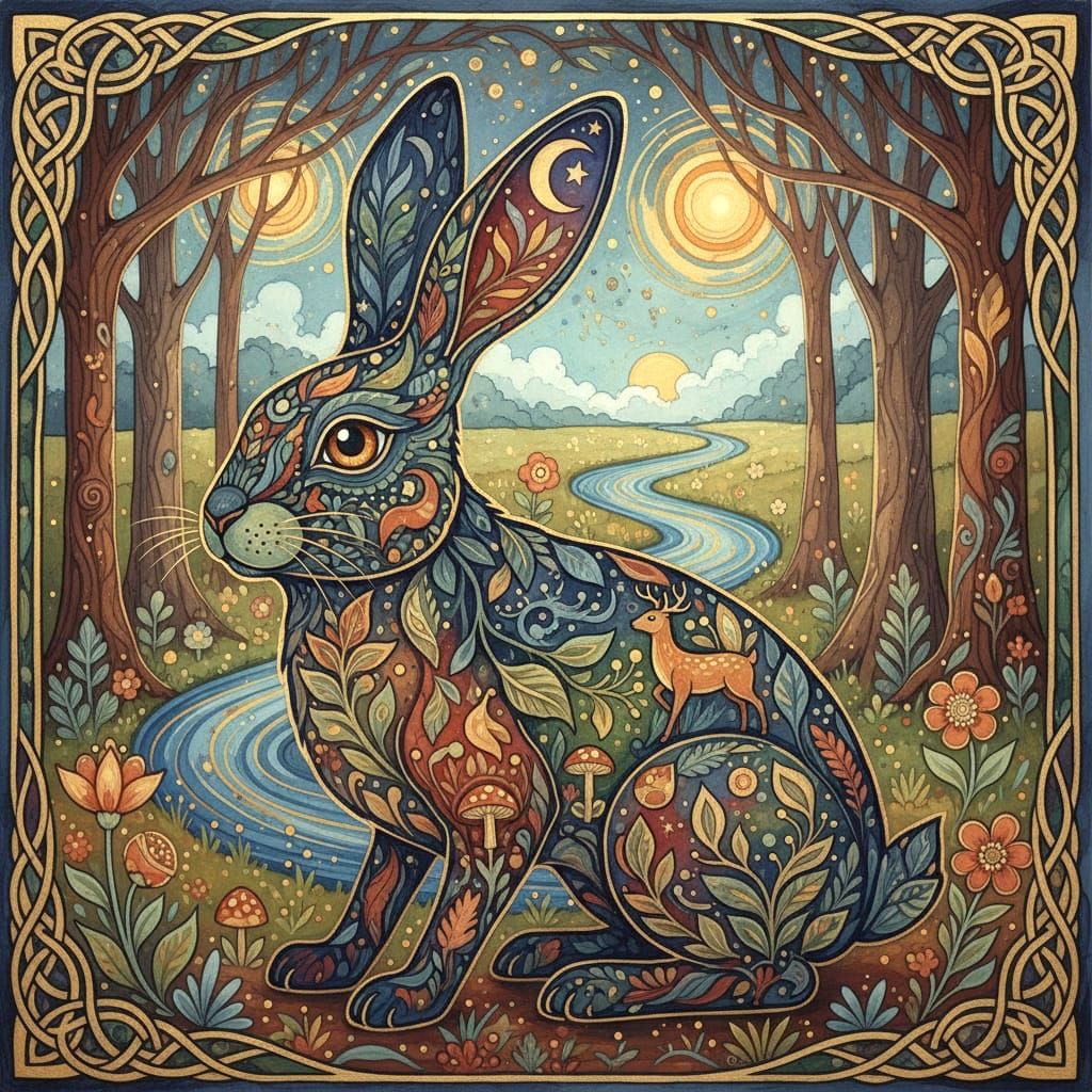 Intricately detailed alcohol ink illustration, Folk Art Bunn...