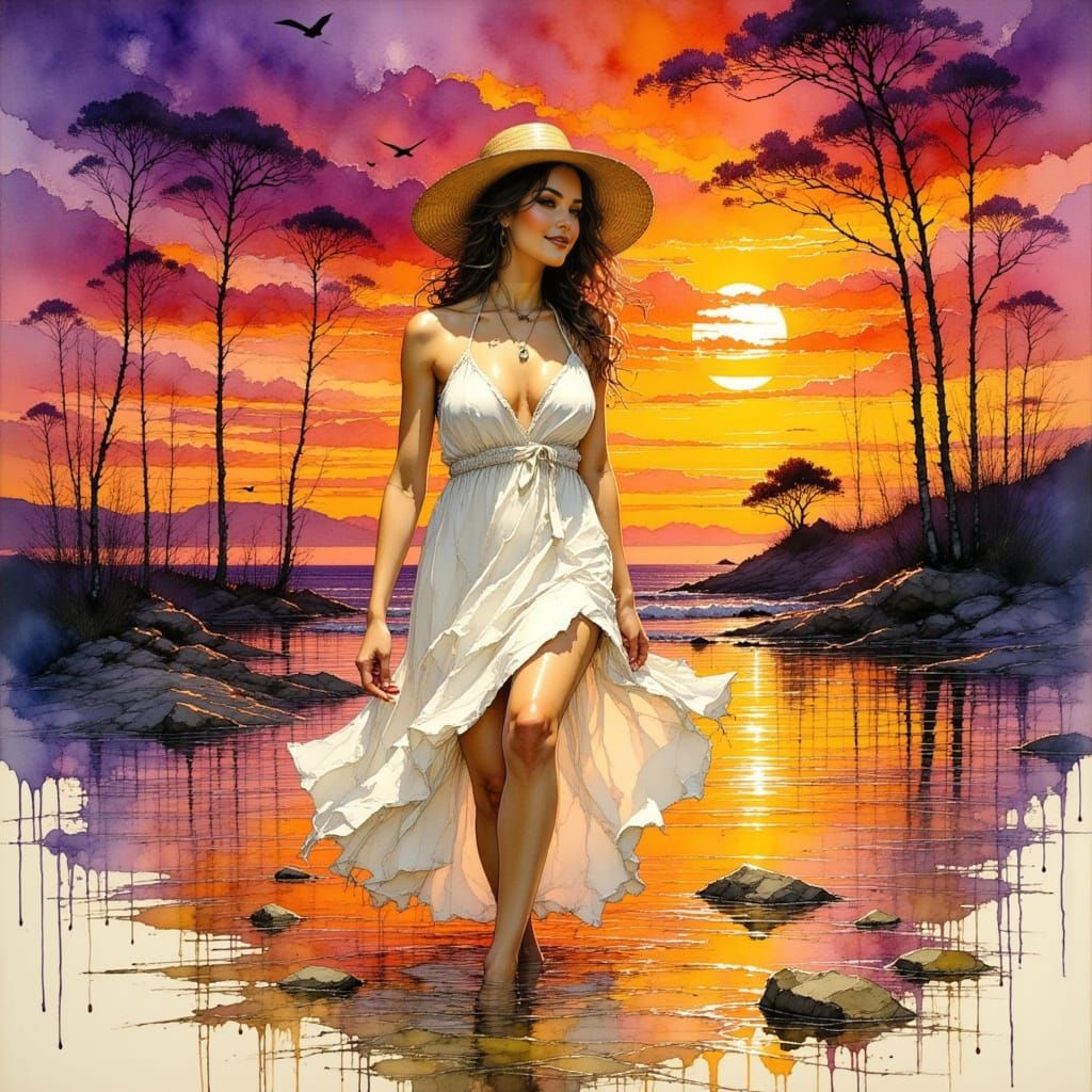 Vibrant Sunset Portrait in Comic Ink Style