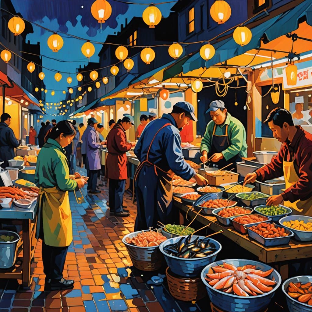 Vibrant Night Market Scene in Expressive Gouache Style