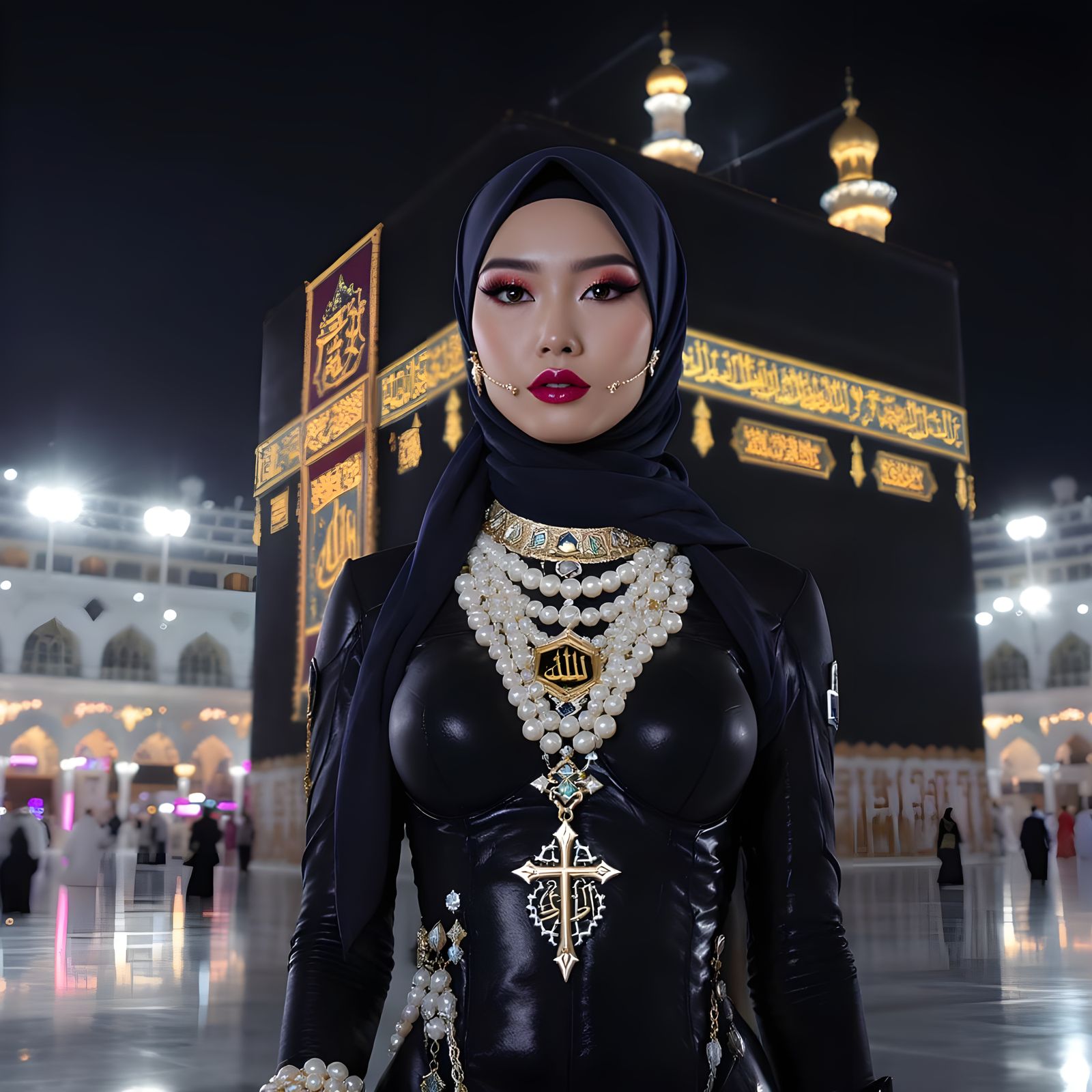 Futuristic Asian Fusion: Hijab, Pearls, and Ka'bah