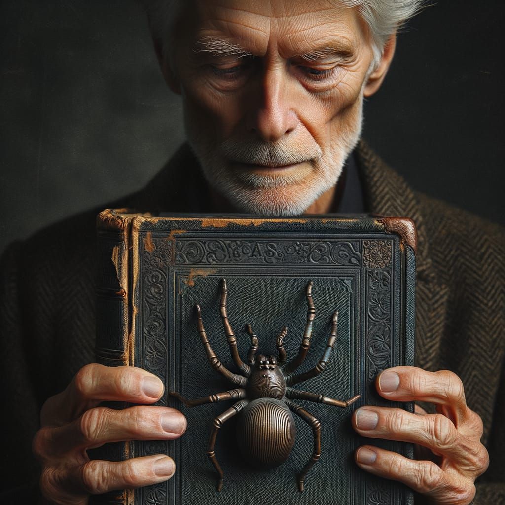 Antique Book Held by Elderly Man with Spider