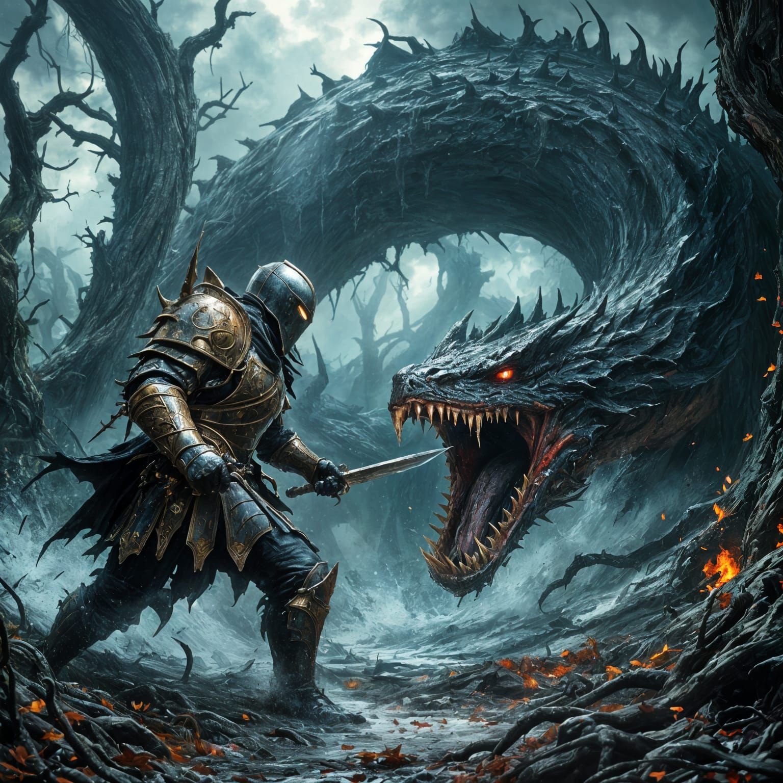 Mighty Knight Battles Ancient Basilisk in Tempestuous Fantas...