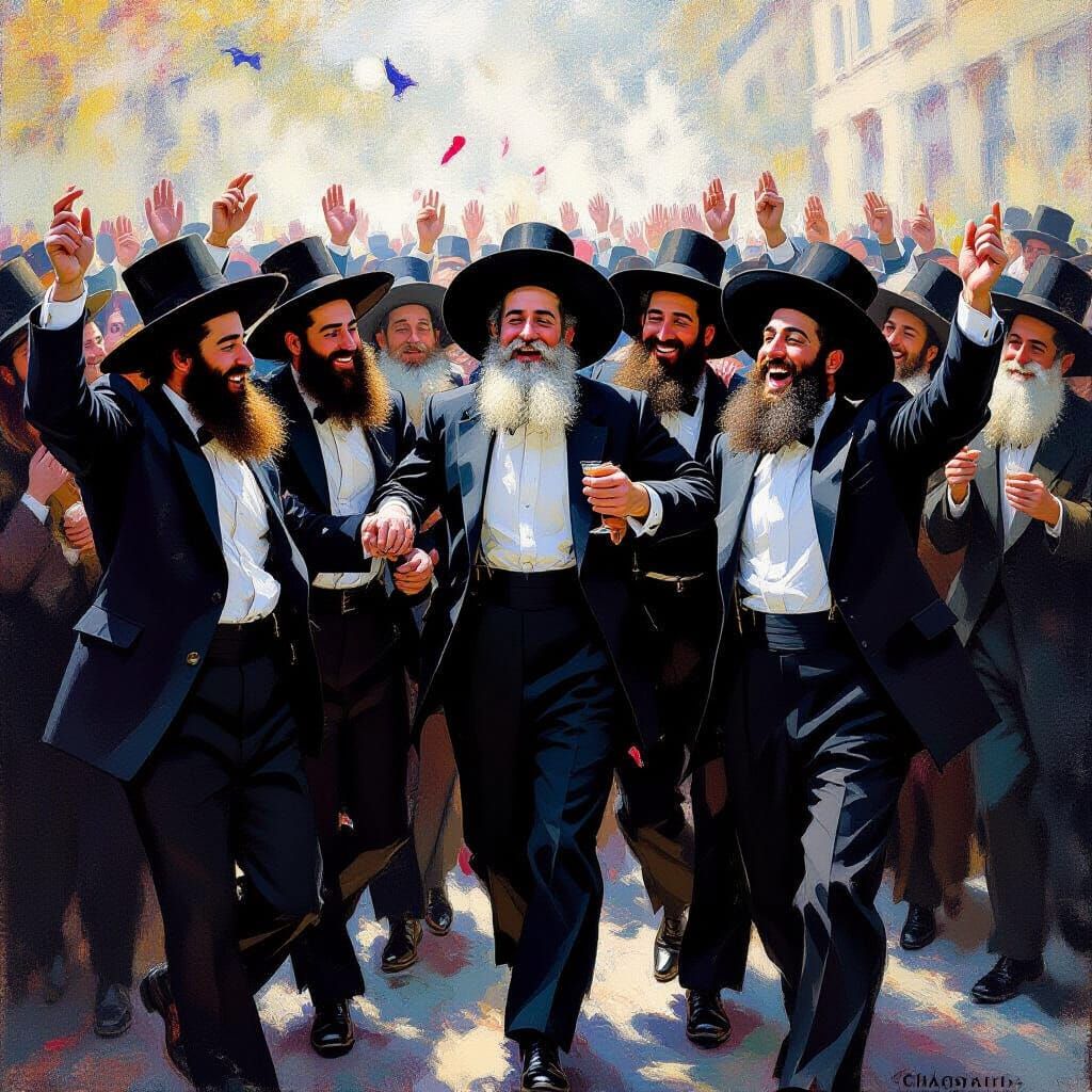 Joyful Haredi Men Celebrate Holiday in Realistic Oil Paintin...