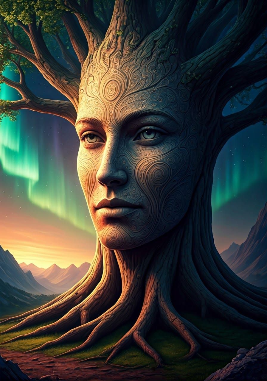 Majestic Tree with Engraved Human Face in Ethereal Glow