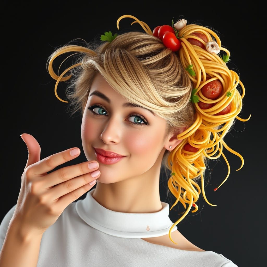 Golden Spaghetti Goddess with Winking Smile
