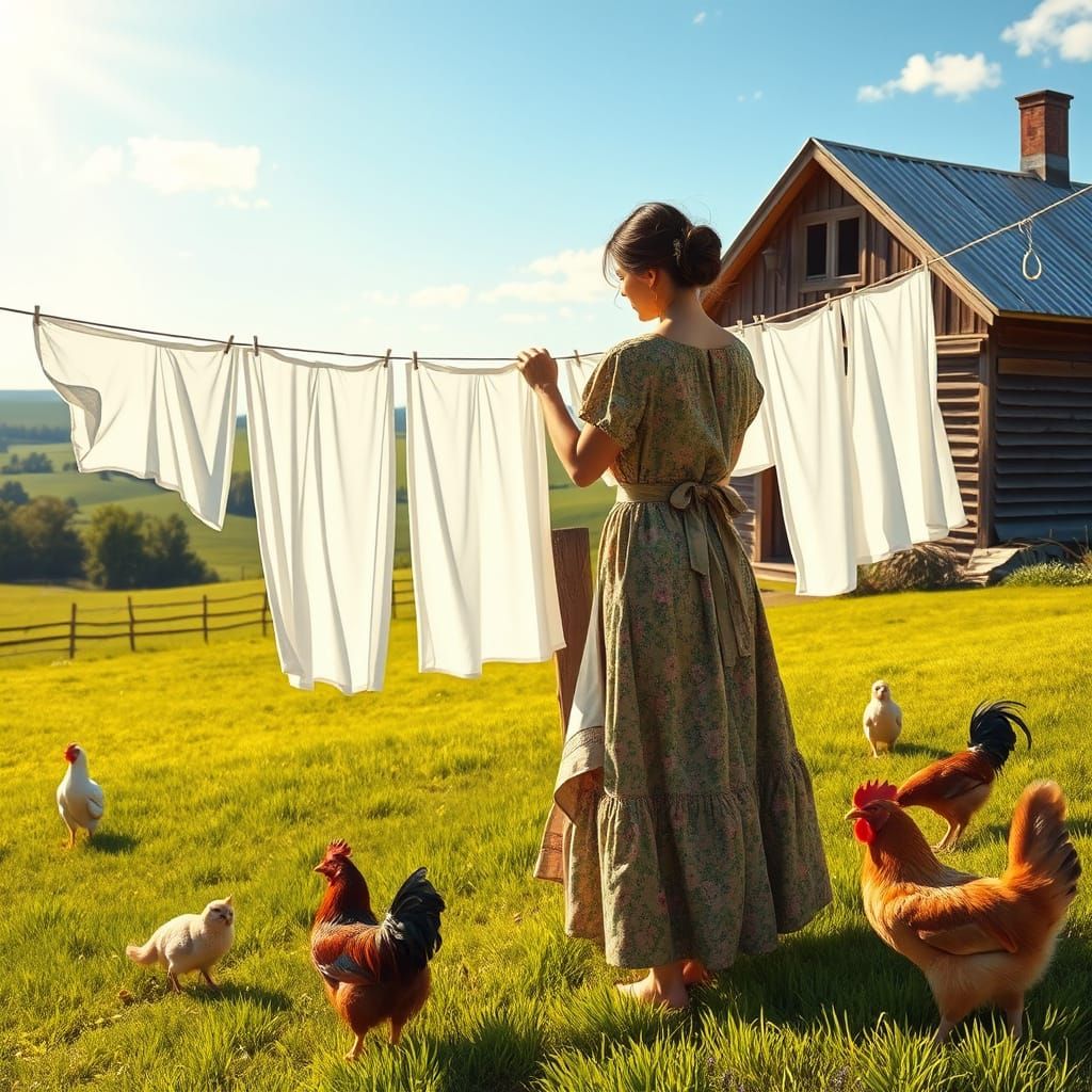 Serene Ohio Farm Landscape with Woman Hanging Laundry