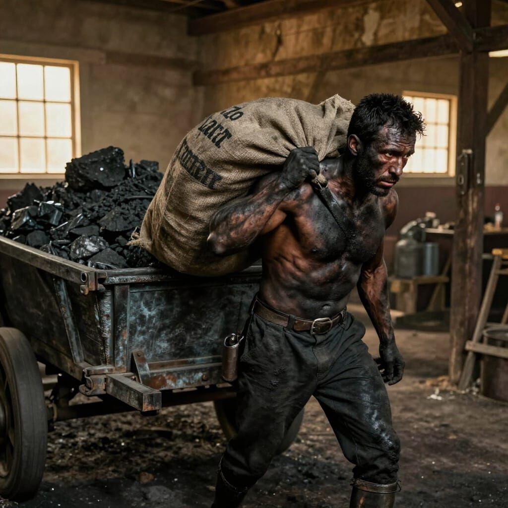 Miner Slings Ore Sack in Dramatic Realism Style