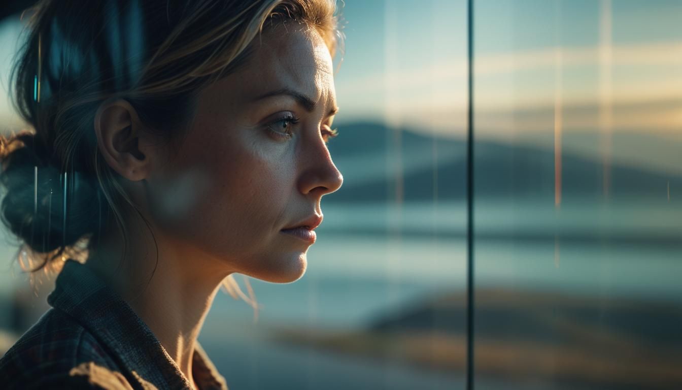 Stoic Woman Gazing at Horizon in Double Exposure