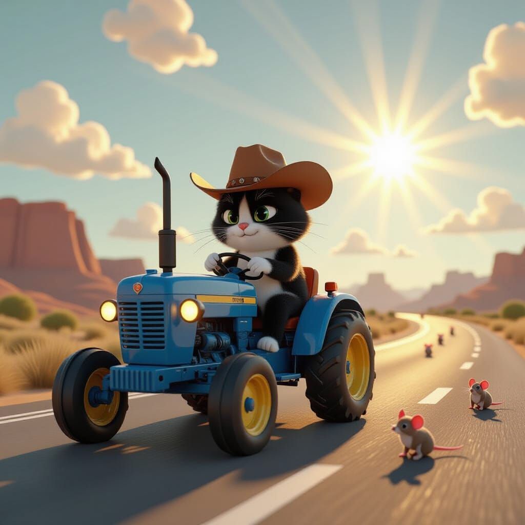 Cat in Stetson Hat Drives Tractor Through Mouse-Filled Highw...