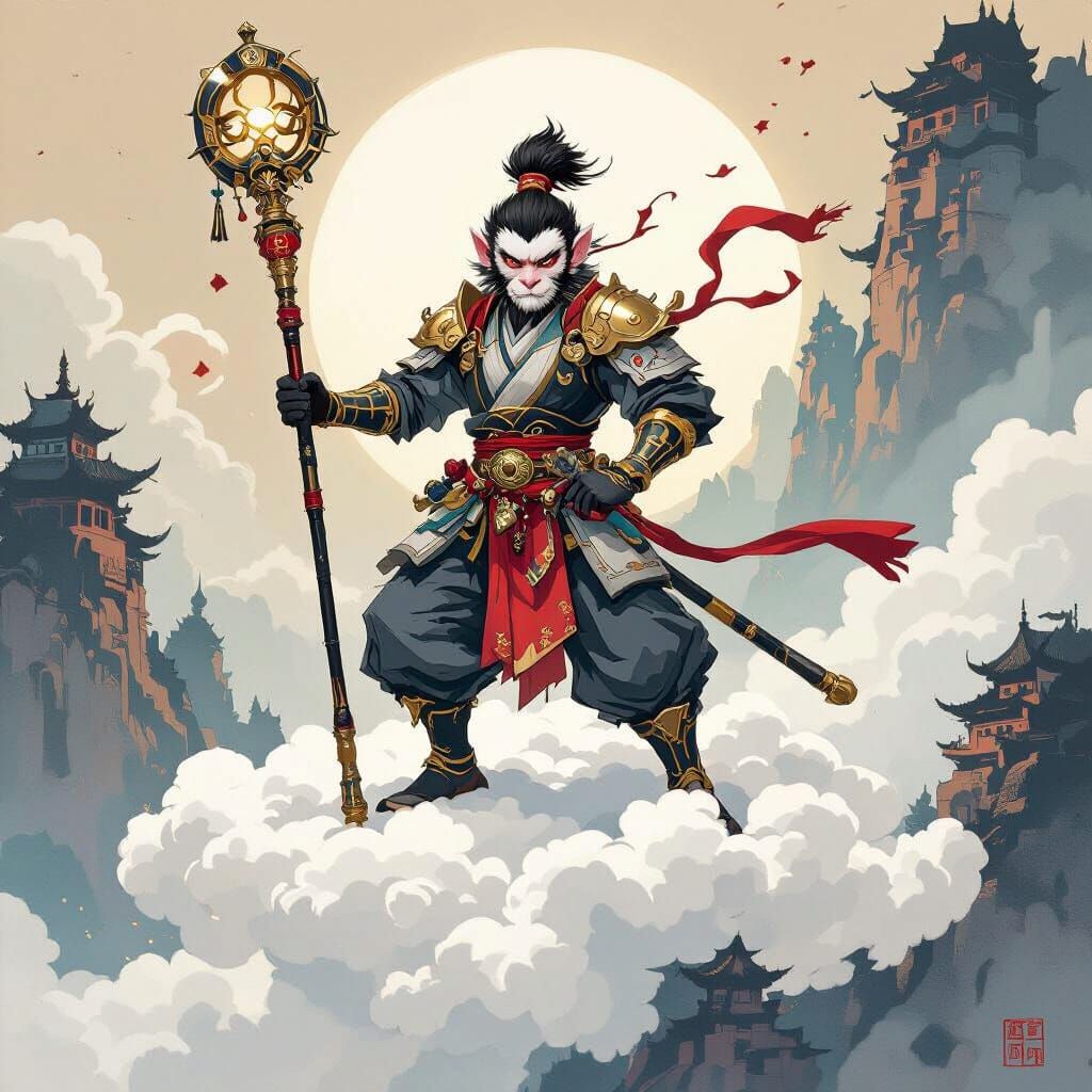 Monkey King Wukong on Cloud in Retro-Futuristic Style