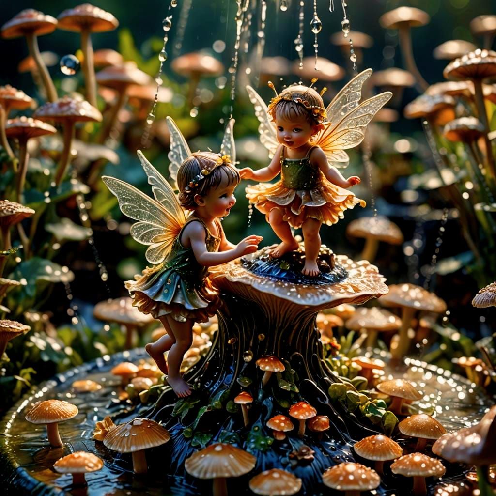 Macro Photograph of Baby Fairies Dancing on Mushroom