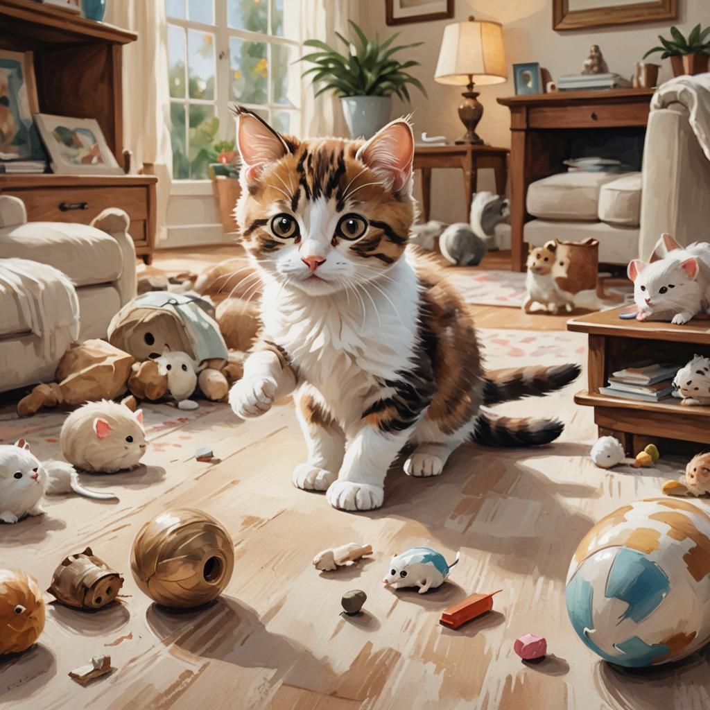 Whimsical Kitten and Mouse Pet Portrait in Watercolor Style