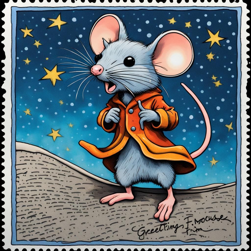 Mouse Postcard with Starry Night Background