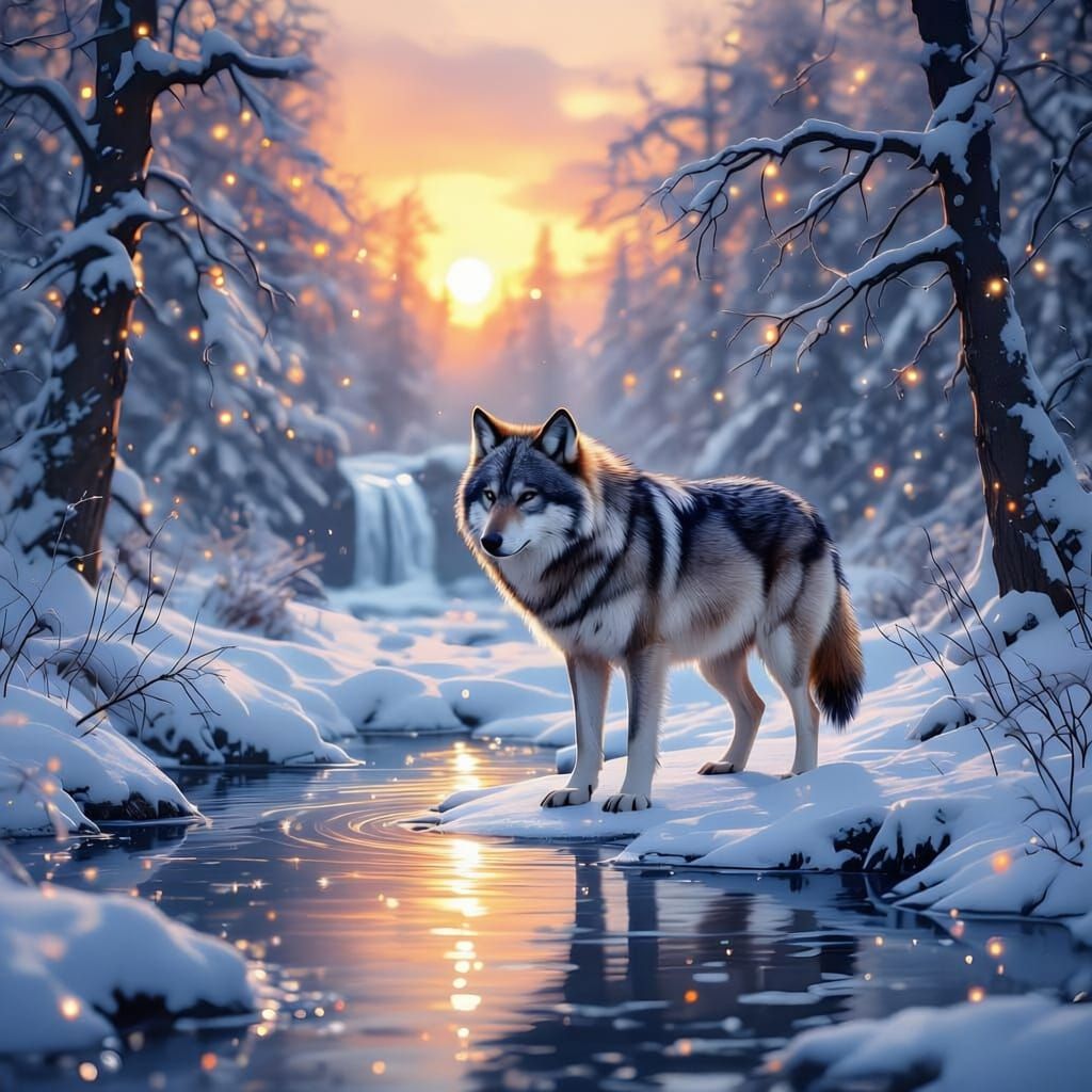 Realistic Wolf in Magical Winter Forest at Sunset