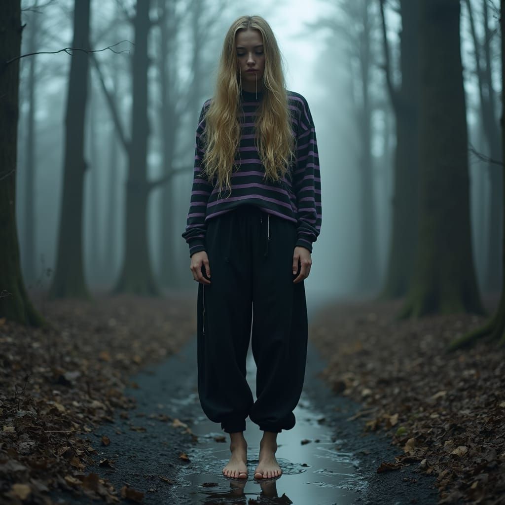 Sorrowful Woman Stands Alone in a Desolate Dead Forest