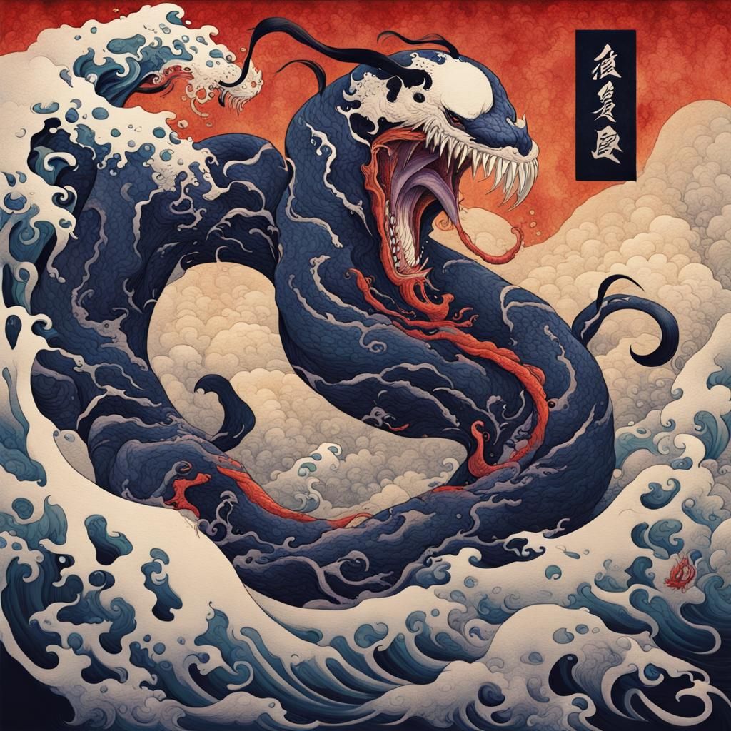 Venom in Hokusai Style: Maximalist Japanese Illustration