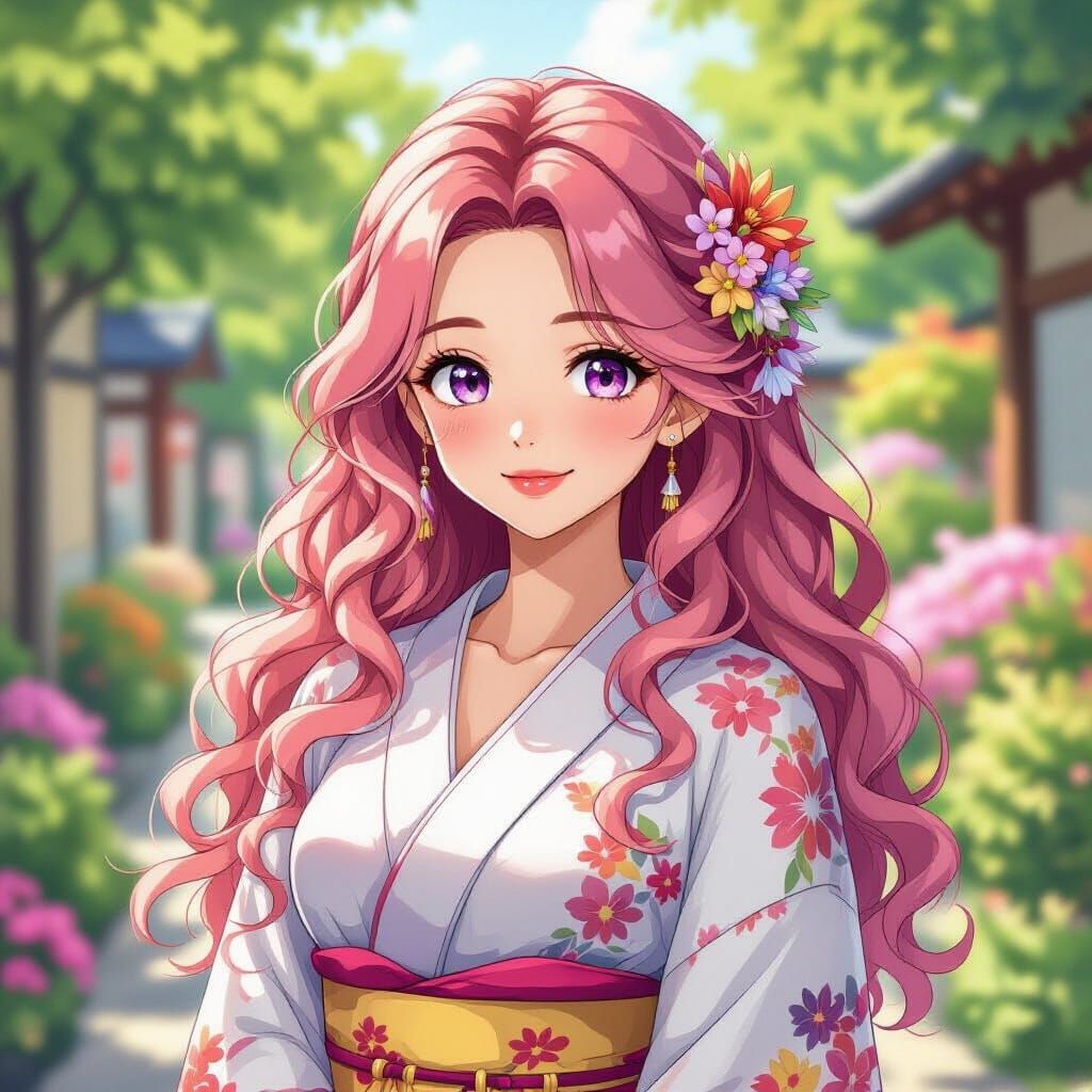 Anime Woman With Pink Hair In Colorful Garden