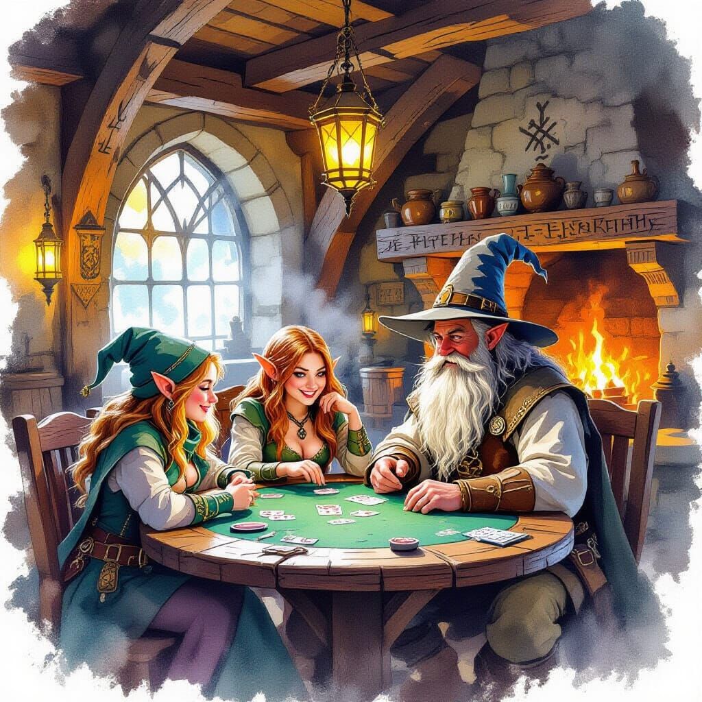 Hobbit, Dwarf, and Wizard Play Poker, in Watercolor Style