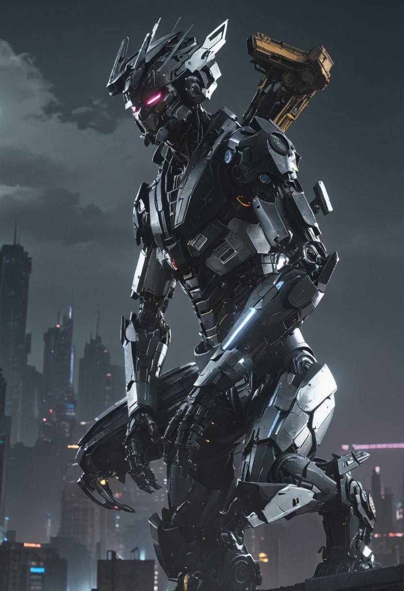Cybertronian Transformer Overlooking Cyberpunk City Ruins