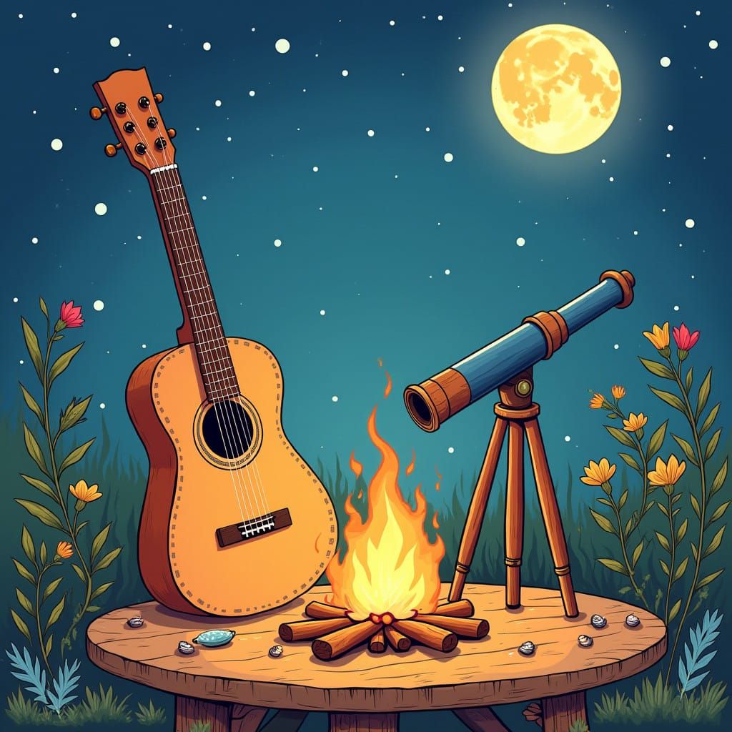 Cozy Campfire Night Scene with Guitar and Telescope
