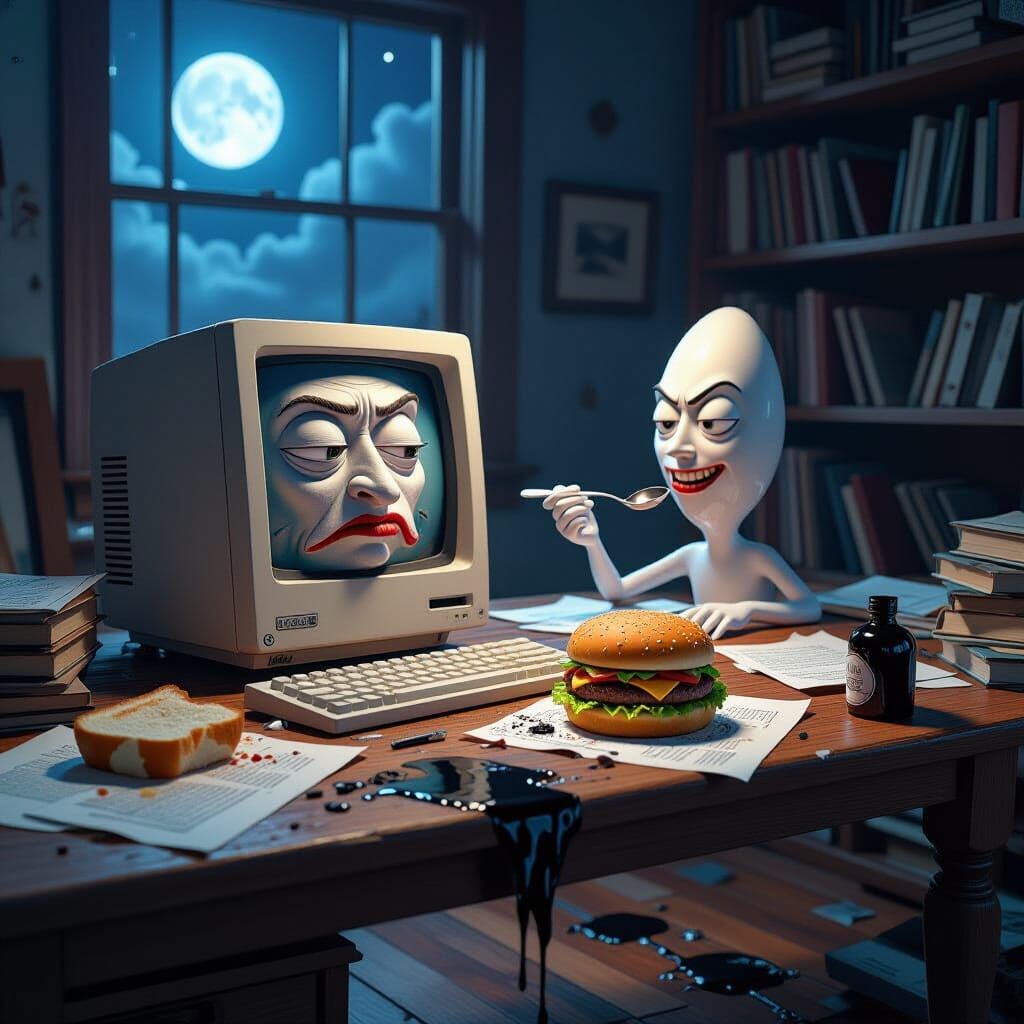 Surreal Studio Scene: Anthropomorphic Computer and Spoon