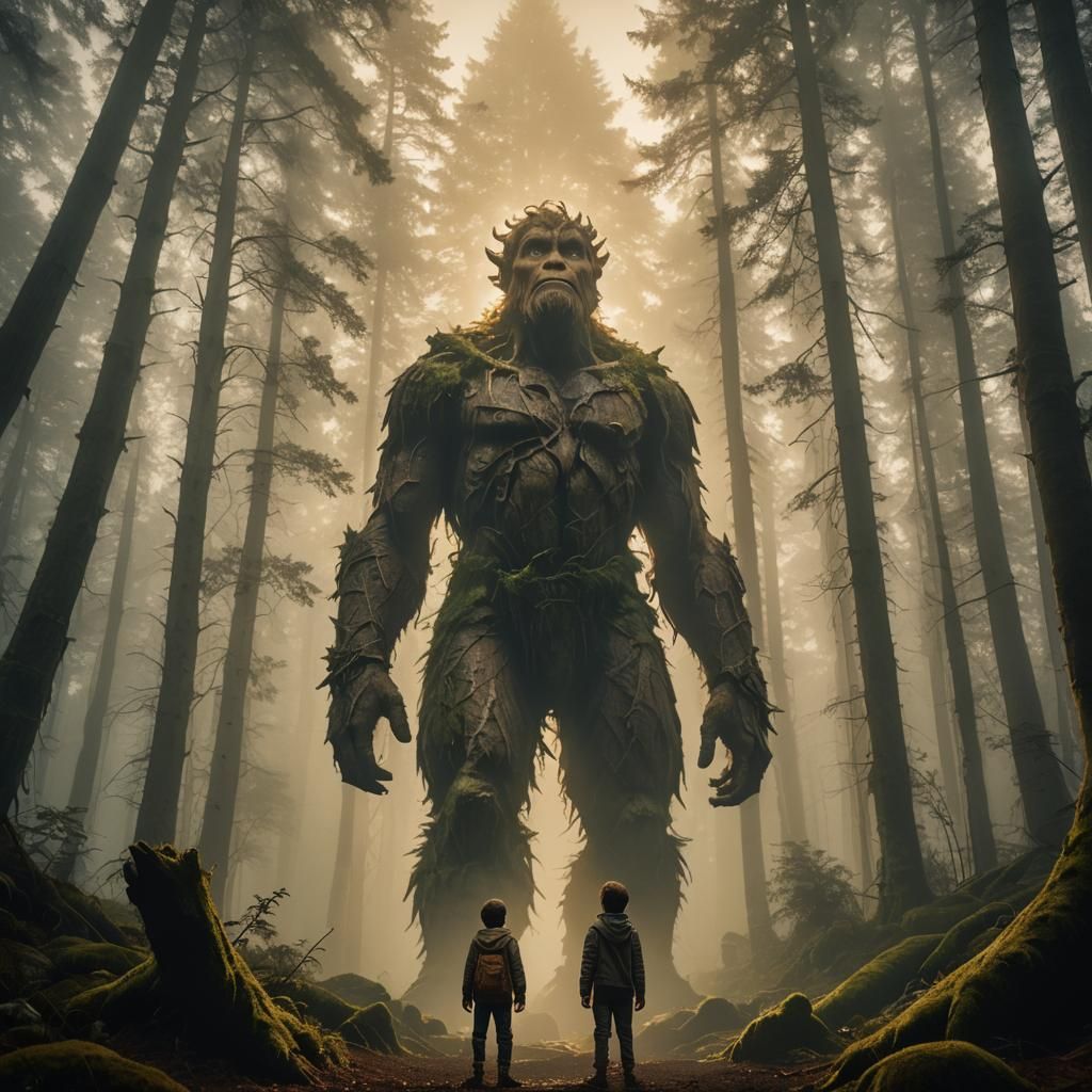 Boy Looks Up at Giant in Mystical Forest
