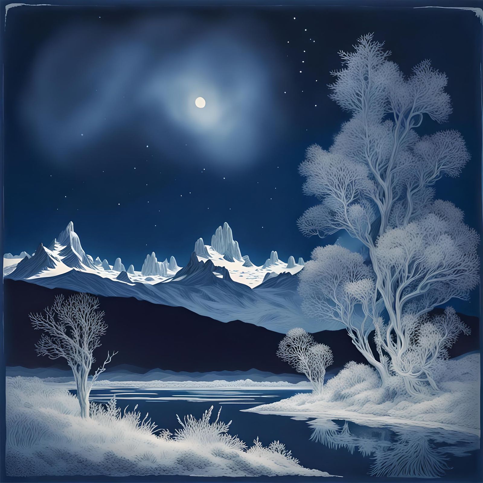 Ethereal Cyanotype Landscape of Patagonia at Night